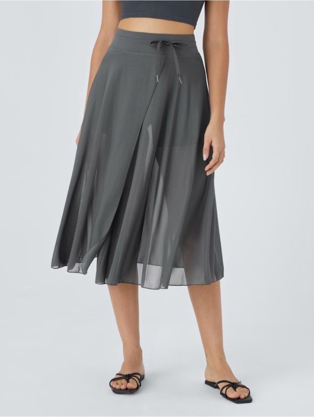 HALARA Charcoal Gray 2 in 1 Midi Skirt with Sheer Overlay shorts and Drawstring